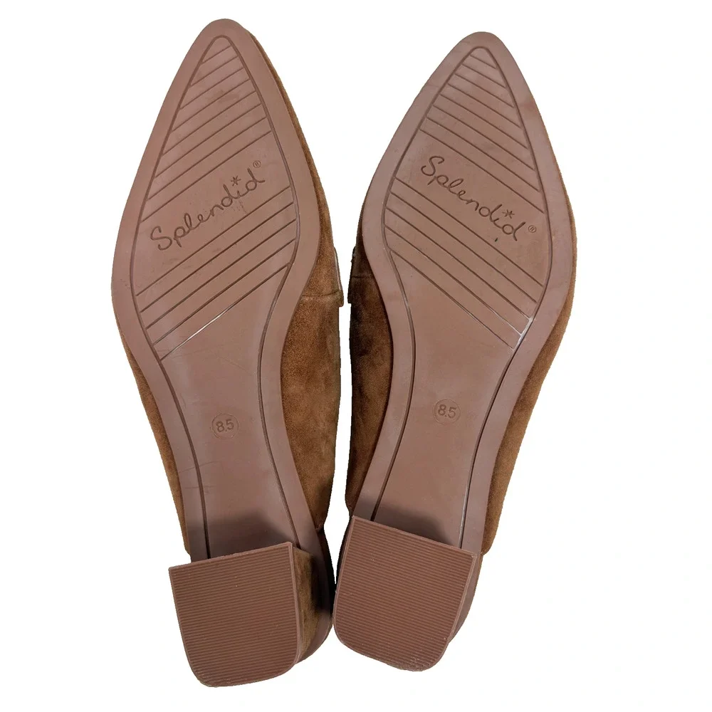 Splendid Loretta Suede Mules 8.5 Brown Pointed Toe Block Heel SlipOn Leather EUC - Picture 6 of 8